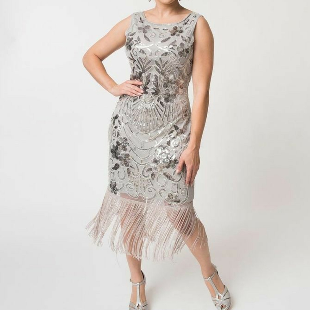 NWT!!! Unique Vintage Silver 1920s Flapper Dress